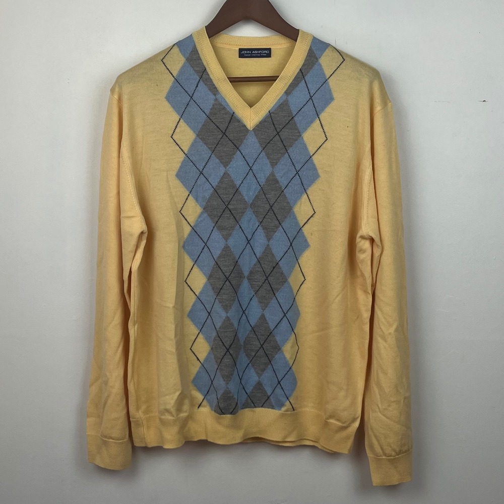 John Ashford Argyle V-Neck Sweater XL Yellow Italian Merino Wool Heritage Prep